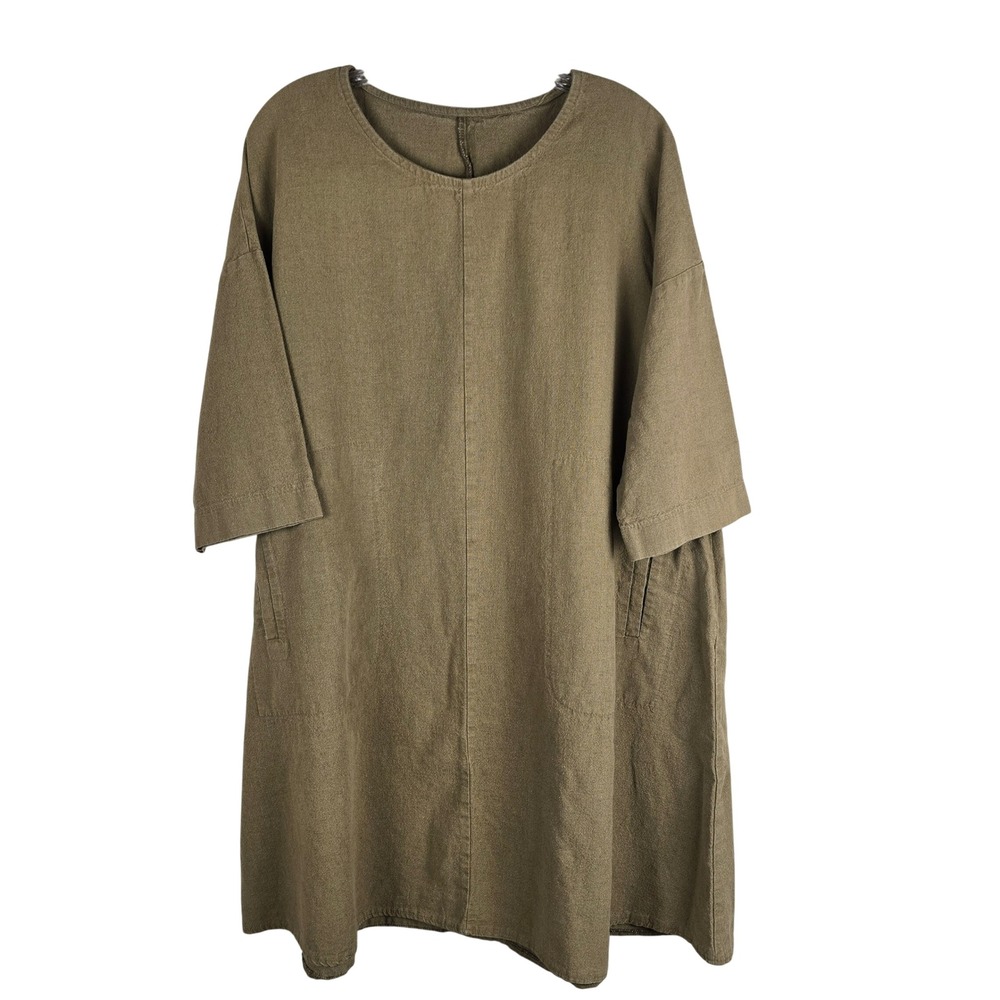 AYU‎ Linen Tunic Dress Olive Green Earthy Boho Minimalist Short Sleeve Pockets